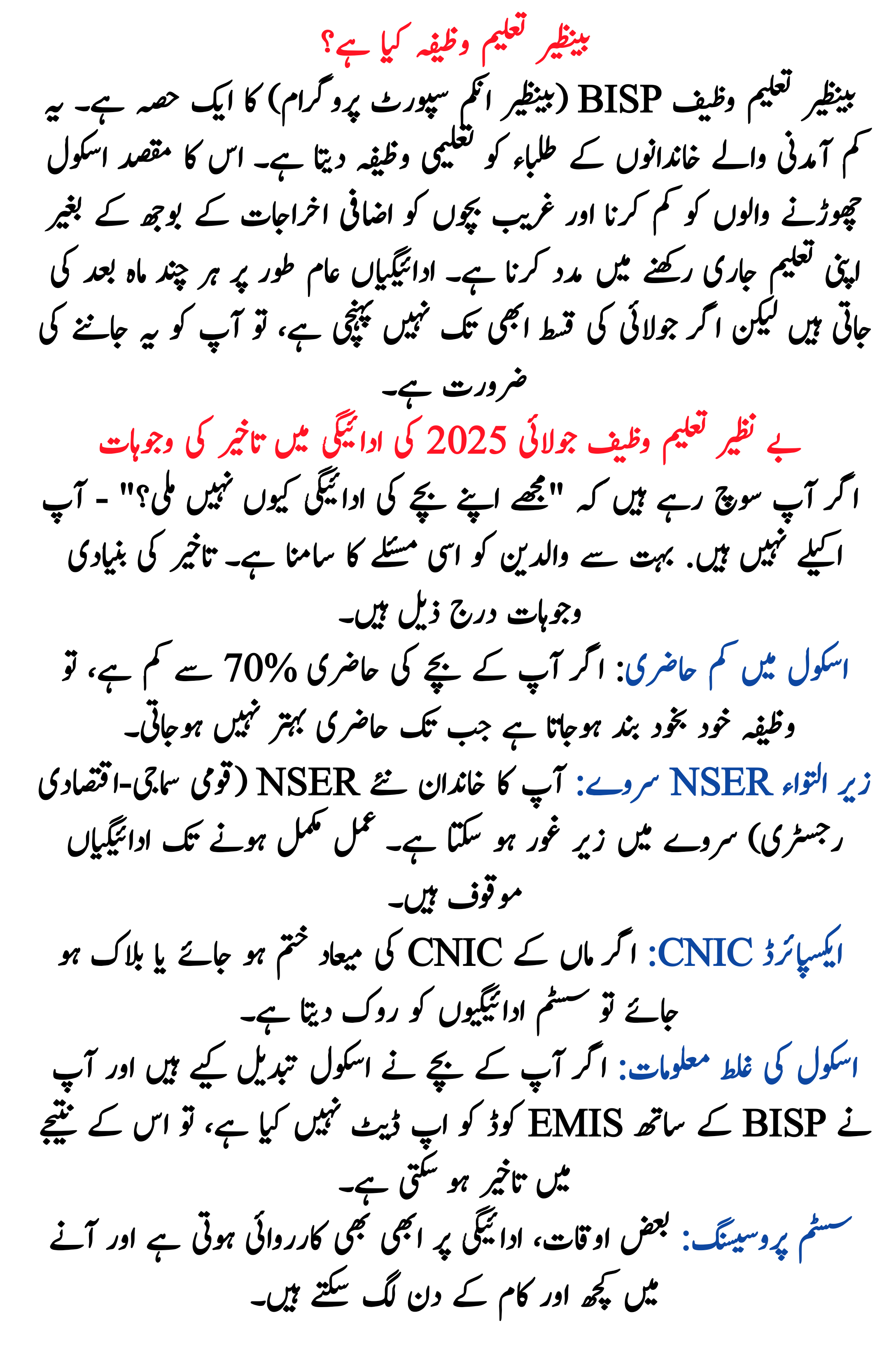 Benazir Taleemi Wazaif July 2025 Payment Delay